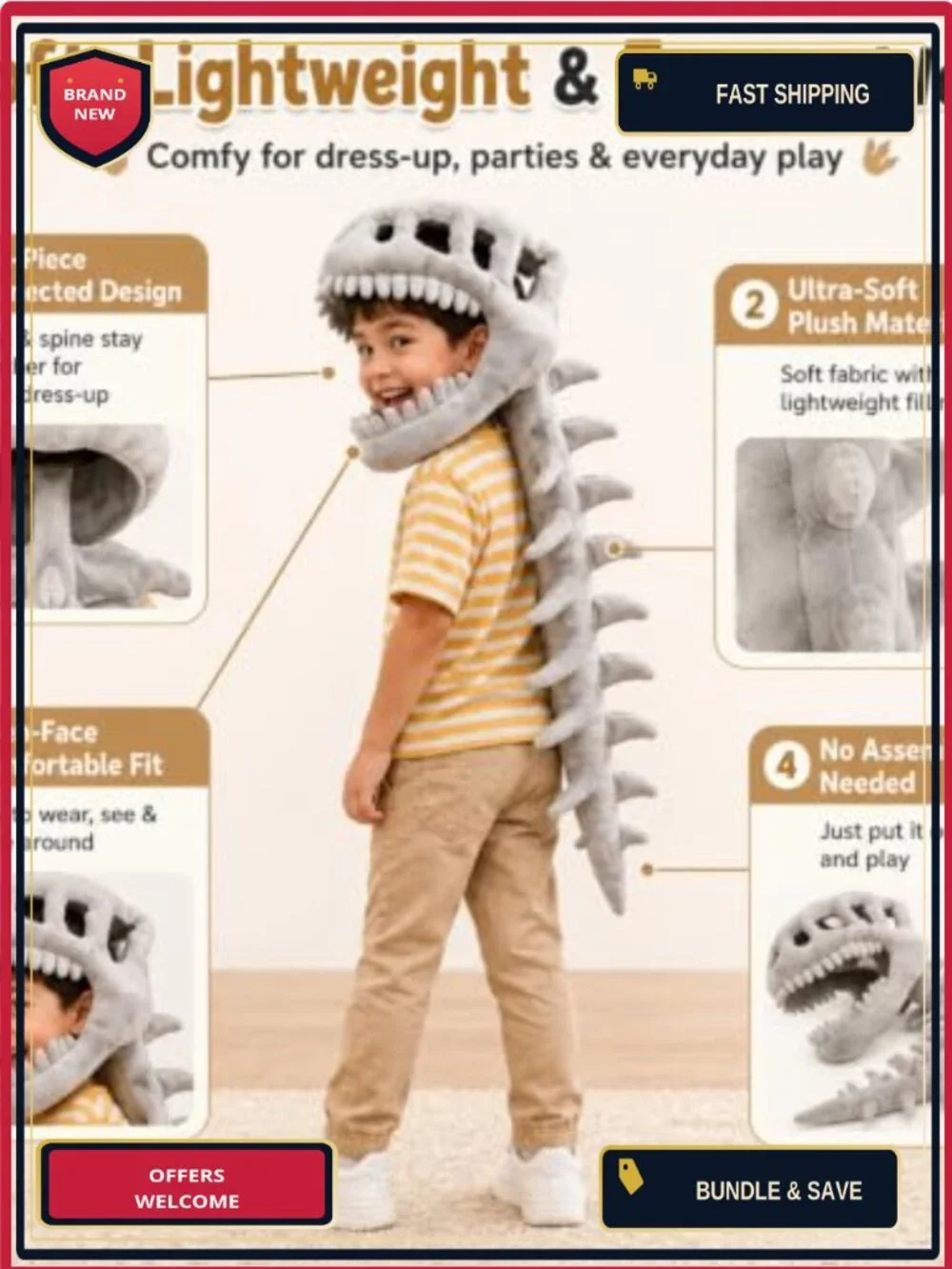 Dinosaur Skeleton Costume 3D Spinosaurus Skull Mask Plush Tail